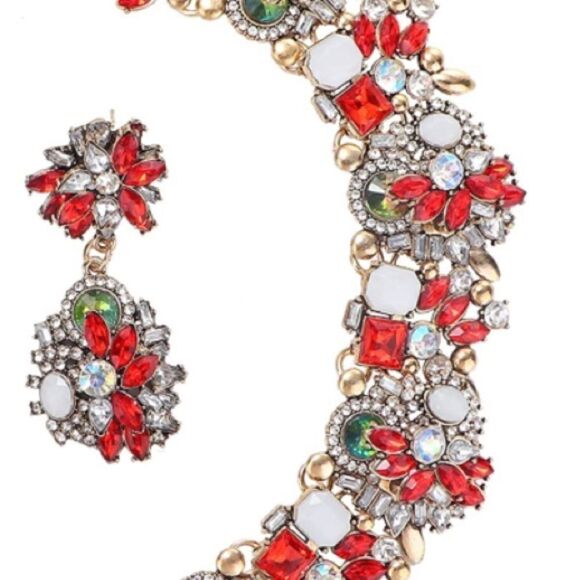 Yellow Gold with Ruby Red Austrian Crystal Chunky Necklace and Earrings Set - Picture 2 of 7